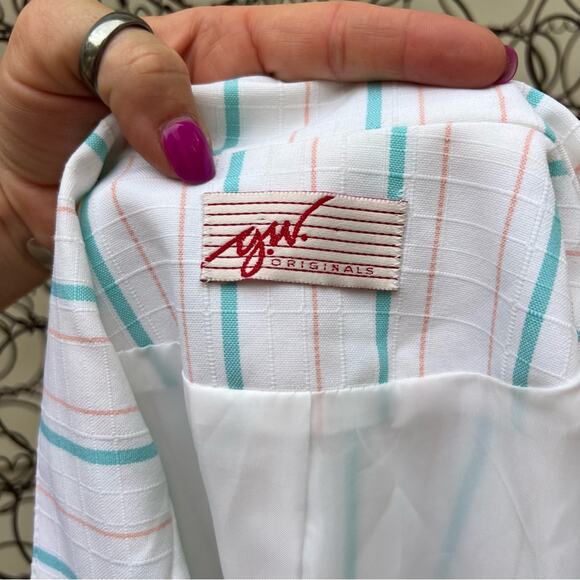 Vintage 80s GW originals white teal peach plaid stripe single button boxy blazer - Picture 2 of 6